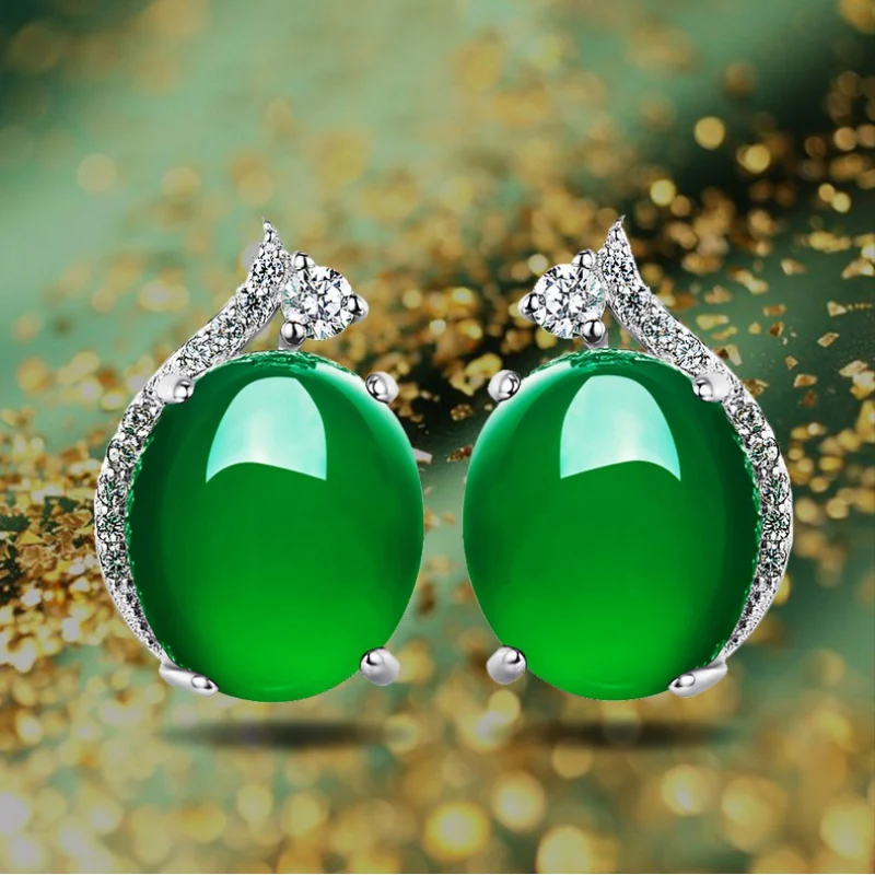 

Femininity Natural Green Chalcedony Earrings Korean Style Personality Simple Jewelry 925 Silver Push-back Opal Stud Earrings