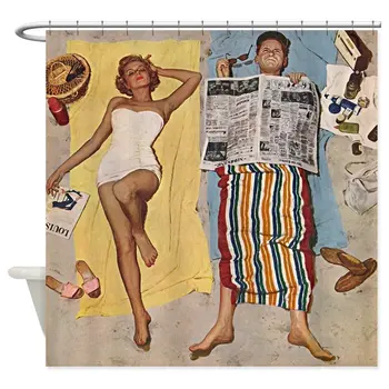

Vintage Retro Sunscreen Advert Decorative Fabric Shower Curtain Set and Anti-slip Floor Mat Outdoor Rugs