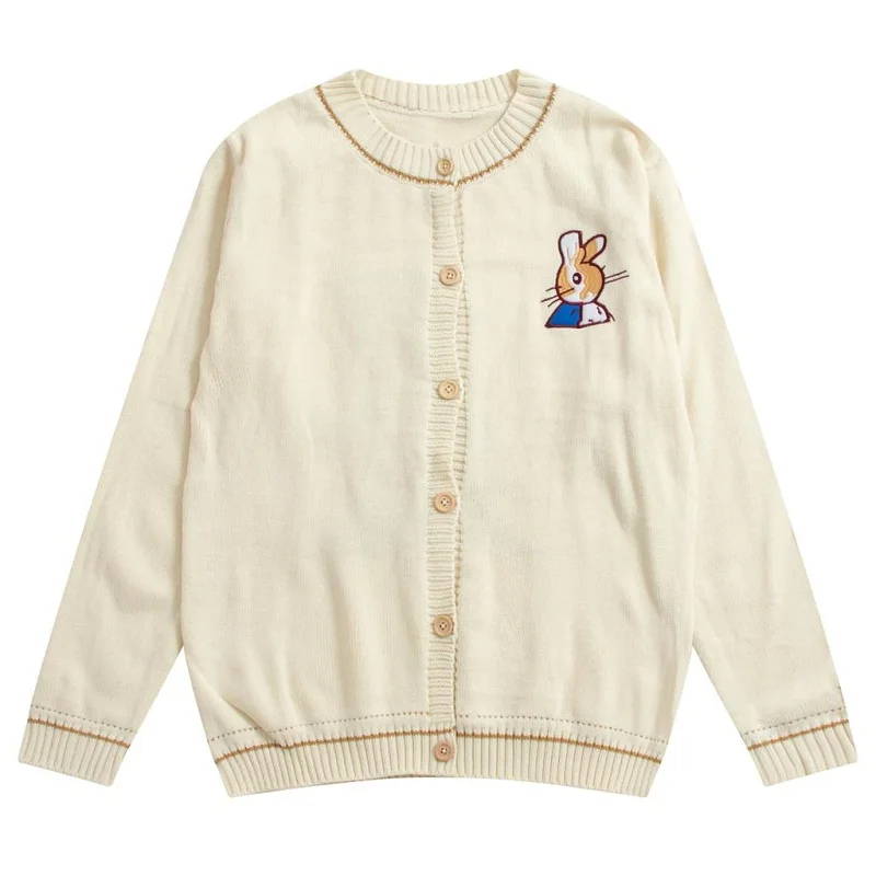 

Autumn Spring New Women Knit Cardigan Coat Long Sleeve Bunny Embroidery Vintage Girl Loose Sweater Outwear Coats Single-Breasted