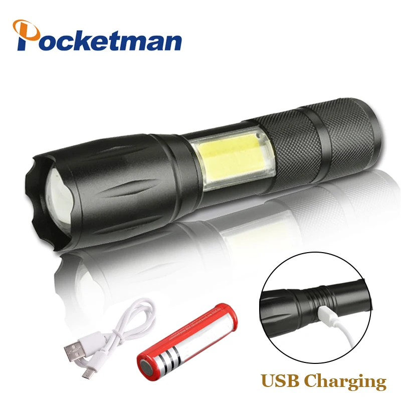 

XML-T6 & COB Led Flashlight USB Rechargeable Zoomable 4 modes torch for 18650 with USB cable