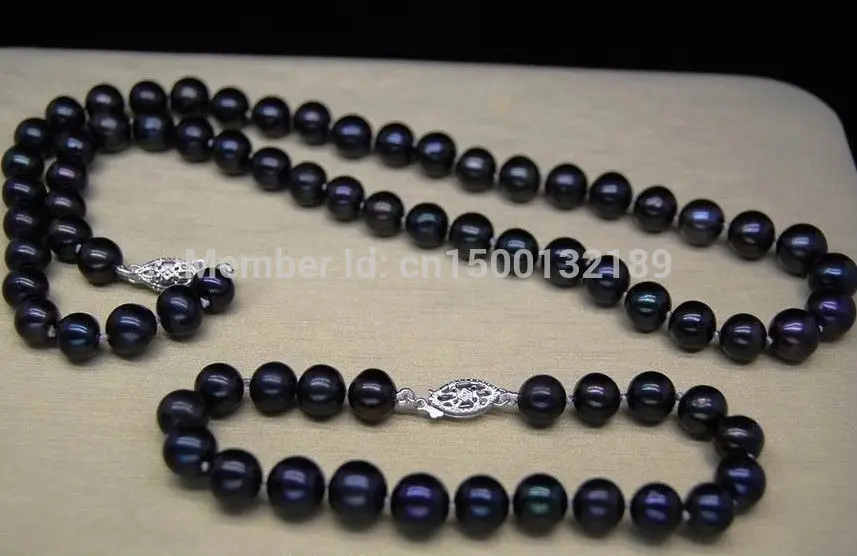 

j0051 SET OF 9-10MM AAA GENUINE BLACK PEARL NECKLACE, BRACELET white SOLID 14K