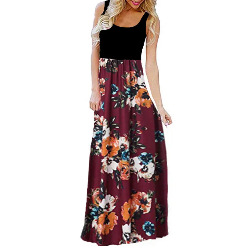 

Summer Dress Fashion Sexy Women's Casual Sleeveless O-neck Print Maxi Tank Long Dress Vestidos De fiesta De Noche M#15
