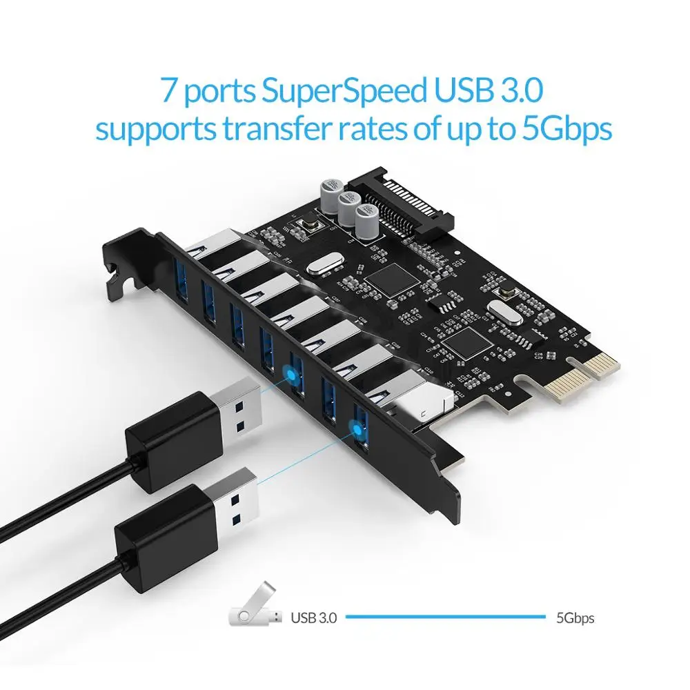 ORICO SuperSpeed USB 3,0 7 портов PCI-E Express карта с 15pin SATA разъем питания PCIE адаптация VL805 и VL812 наборы микросхем