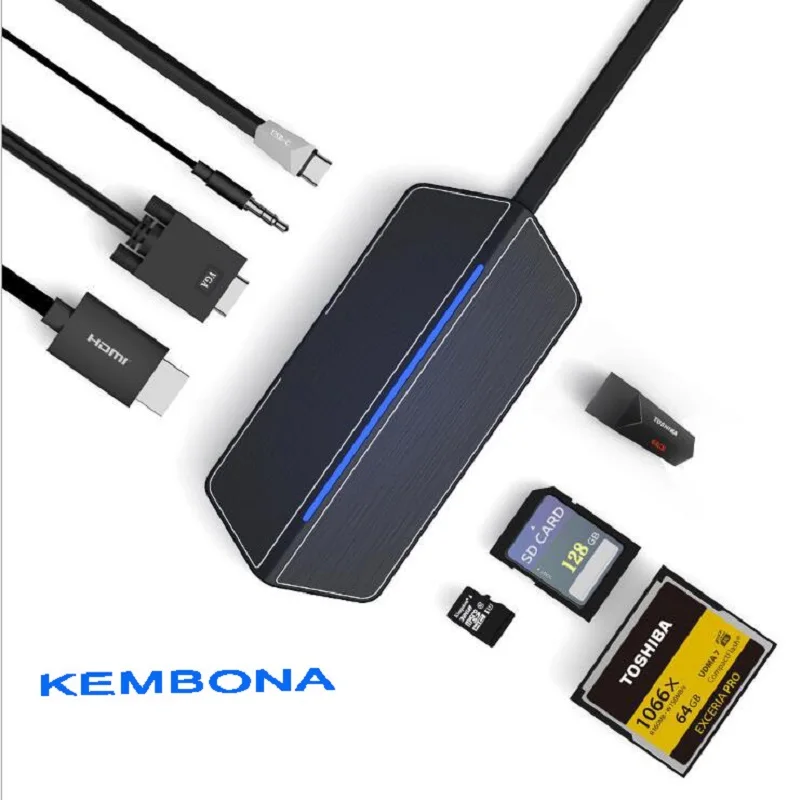 KEMBONA Тип C концентратор 8 в 1 USB адаптер с * HDMI VGA 1*3 5 мм гарнитура разъем 3 0 SD/TF/CF слоты