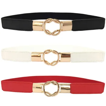 

Fashion Brown Red Women's Belt Elastic Waistband Gold Circle Buckle Small Belts Red Thin Cummerbund Woman Belt Strap