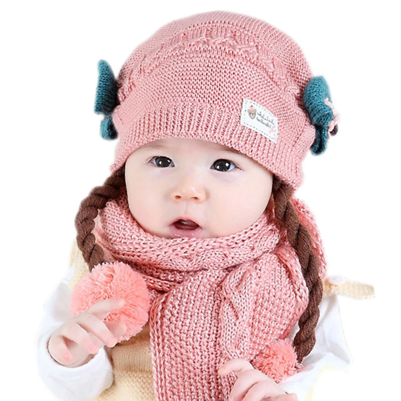 newborn Baby kids girl hat cap set with scarf for winter warm toddler
