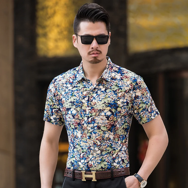Новый 2018 Мужские Лето для отдыха цветочный одежда с рисунком мужские повседневные с Коротким Рукавом Красочная Печать Рубашки