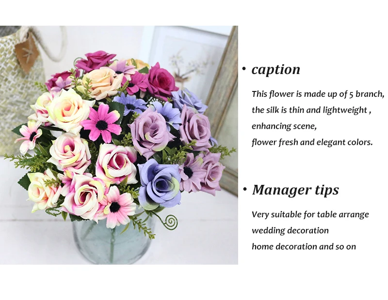 JAROWN Simulation Rose Bouquet Artificial Silk Flowers Fake Flower Art Decoration For Wedding Home Office Desktop Placement (28)