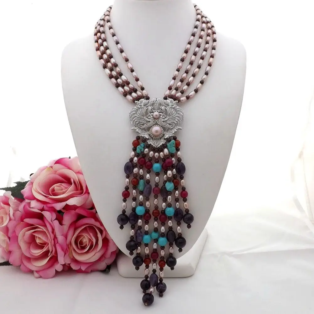 

GE072807 18" 4Strands Pearl Garnet Gems Stone Necklace CZ Pendant