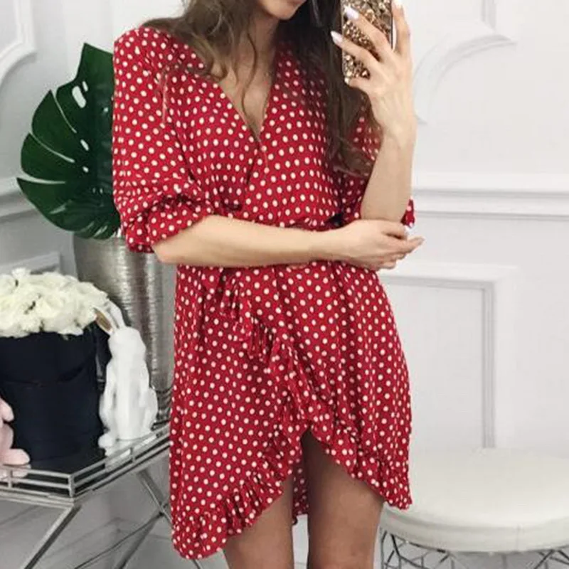 

Women Half Sleeve Ruffle V Neck Dress Female Mini Dress
