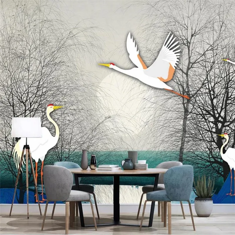 

Custom wallpaper mural modern minimalist forest white crane TV background wall home decoration art painting