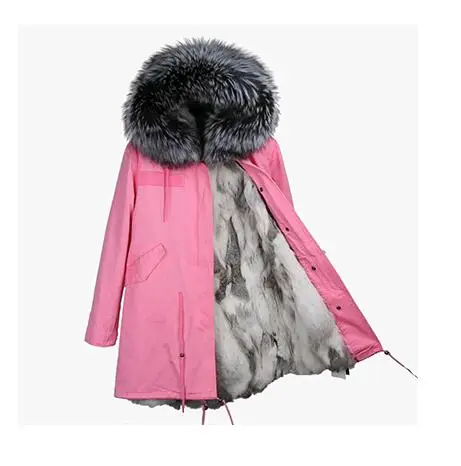 Модное женское розовое длинное пальто с капюшоном и большим воротником из меха енота, парки, верхняя одежда, зимняя куртка со съемной подкладкой из меха кролика - Цвет: 10