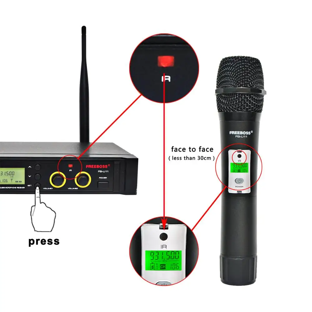 FB-U11 UHF Беспроводная микрофонная система 2 способа 100 каналов ИК Частота беспроводной микрофон Karoke KTV вечерние динамический микрофон