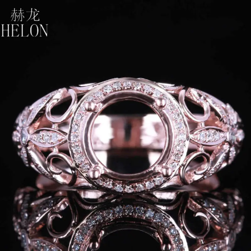 

HELON Natural Diaomds Engagement Wedding Fine Jewelry Solid 14K Rose Gold 7-8mm Round Shape Semi Mount Anniversary Party Ring