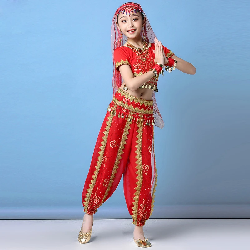 

2019 Children Belly Dance Clothes Girls Indian Outfits Bollywood Dance Costume Set 5pcs (Top Belt Pants Sari Handband)