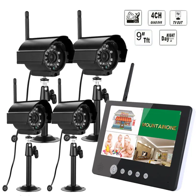 9 inch TFT Digital 2.4G Wireless Cameras Audio Video Baby Monitors 4CH Quad DVR Security System With 4pcs IR night light Cameras