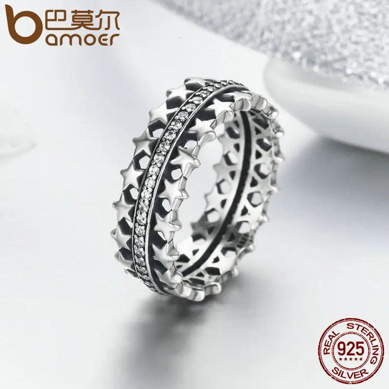 BAMOER Authentic 925 Sterling Silver Star Trail Statement Ring For Women Engagement S925 Silver Exaggerate Jewelry SCR049