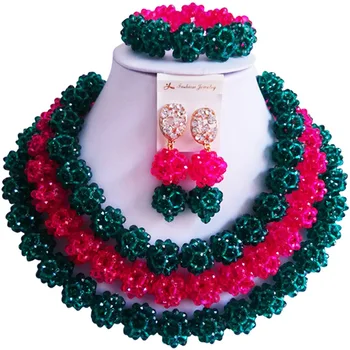 

Nice Quality Army Green Fuchsia Pink Nigerian Crystal Women Wedding Beads Jewelry Set 3C-SJTQ-18