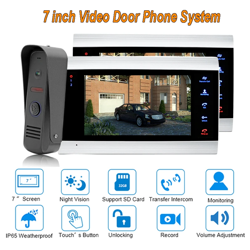

New Doorbell Video Door Intercom System 7" TFT 1200TVL Home Security with IP 65 Rainproof 1 camera 2 monitors