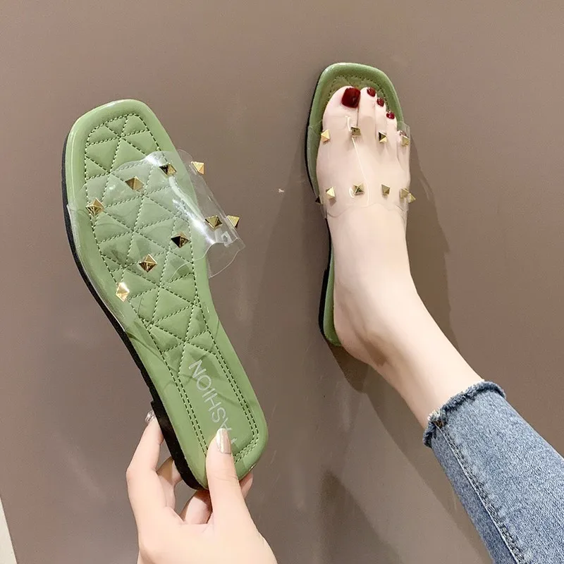

RWHK Slippers female summer 2019 new fashion rhinestone transparent wild Korean ladies casual thick with slippers B256