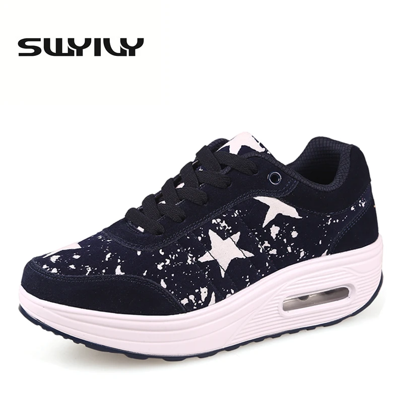 Autumn Winter Cushion Sneakers Leather Women Toning Shoes 5CM Height Increased  Lacing Star Printed Loss Weight Slimming Shoes