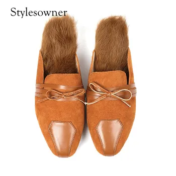 

Stylesowner 2018 Popular Style Concise Comfortable Woman Slippers Keep Warm with real Fur Cow Suede Low Heels Casual Slippers