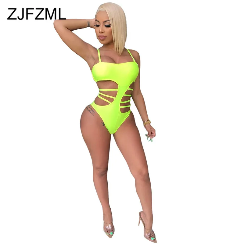 

Neon Swimwear Sexy Bodysuit Women Backless Waist Band Cut Out Bandage Jumpsuit Summer Spaghetti Strap Bodycon One Piece Playsuit