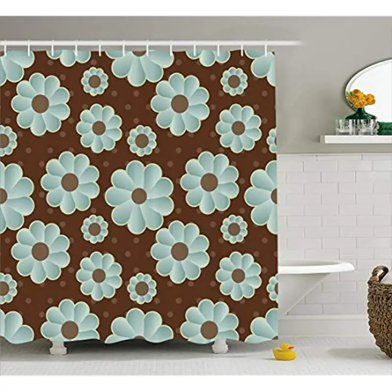 Vixm Brown And Blue Shower Curtain Retro Daisy Pattern With Polka