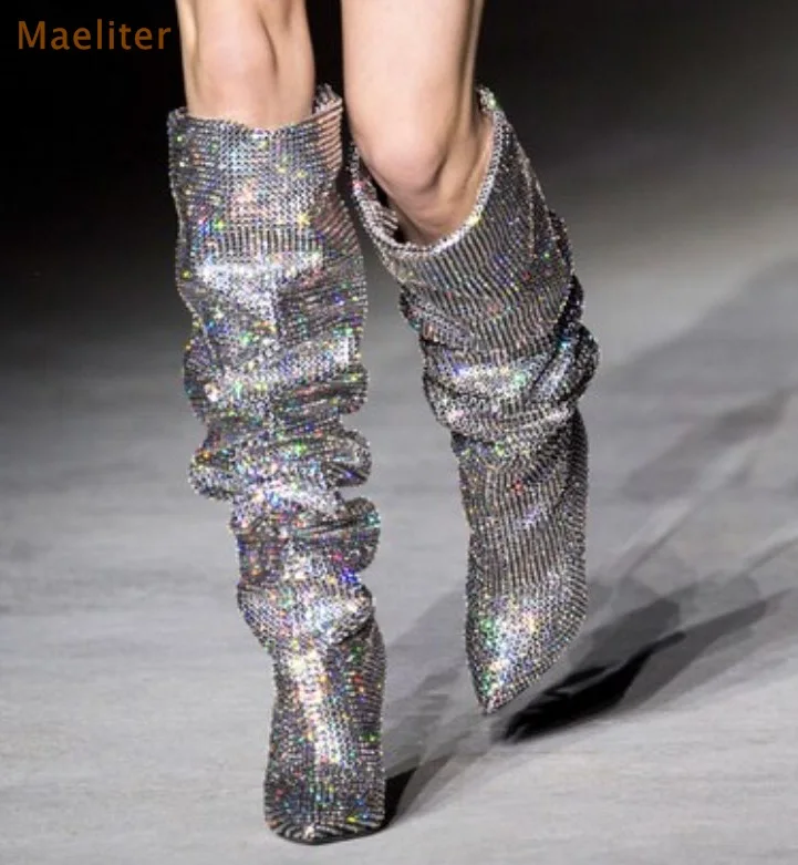 New Year Gift Bling Bling Crystal Boots Spike Heels Pleated Rhinestone