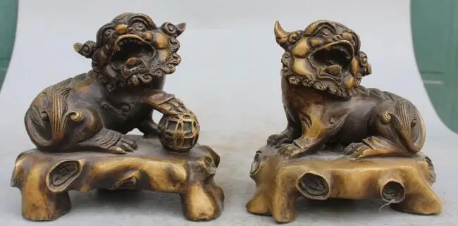 

S01109 6" Chinese Bronze Guardian Foo Fu Dog Phylactery Door Lion On Base Pair Statue (B0413)