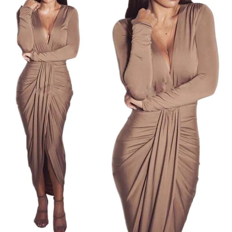 SEBOWEL Sexy Club Long Sleeve Deep V Neck Womens Dresses Front Draped High Split Long Party Maxi Dress Robe Vintage (1)