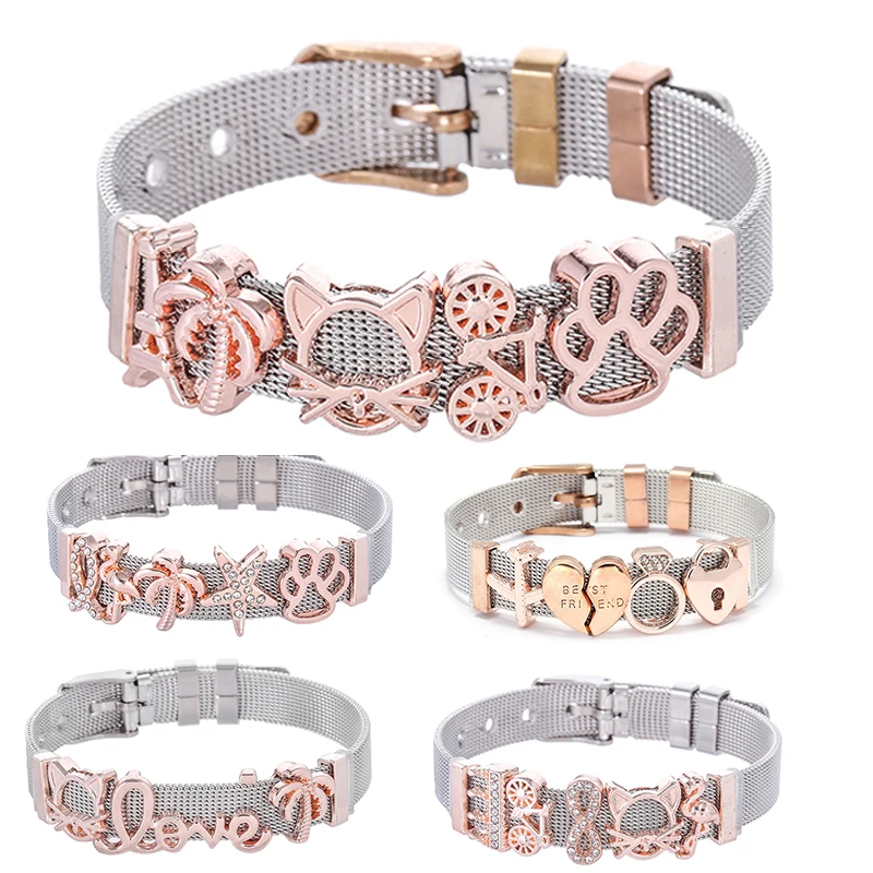 

BAOPON High Quality Stainless Steel Mesh Bracelet With Crystal Cartoon Dog Claw Charms Fine Bracelets Set For Women Kids Gift