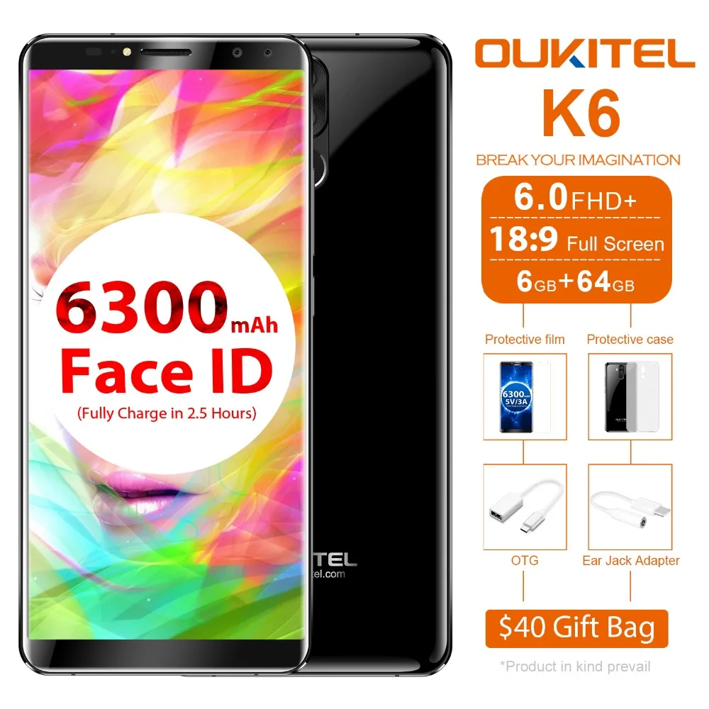 В свободном доступе! Oukitel K6 18:9 Face ID смартфон 6,0 ''6 GB+ 64GB MTK6763 Восьмиядерный 6300mAh 5 V/3A Быстрая зарядка 21MP 4 камеры мобильный телефон