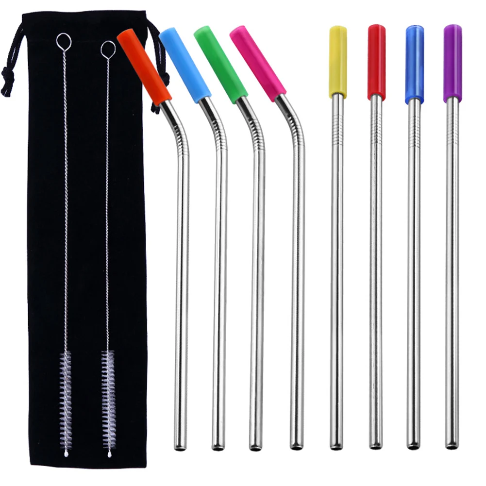 

Newly 8pcs Stainless Steel Straws Reusable Replacement Metal Straws with Silicone Tips Cleaning Brush XSD88