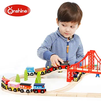 

Onshine children wooden train toys 12-section magnet with small train crane set compatible with original wooden track toys 3Y+