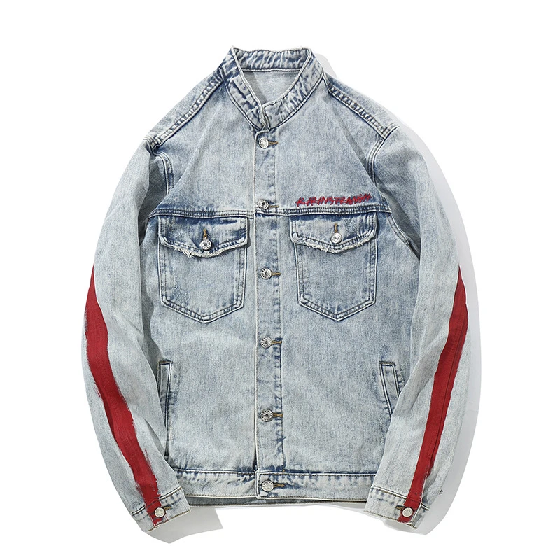 denim jacket with red stripe
