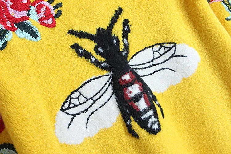 Модный женский свитер для подиума, осенне-зимний свитер с цветочной вышивкой пчелы и животных, желтый пуловер с длинным рукавом, джемпер, топы