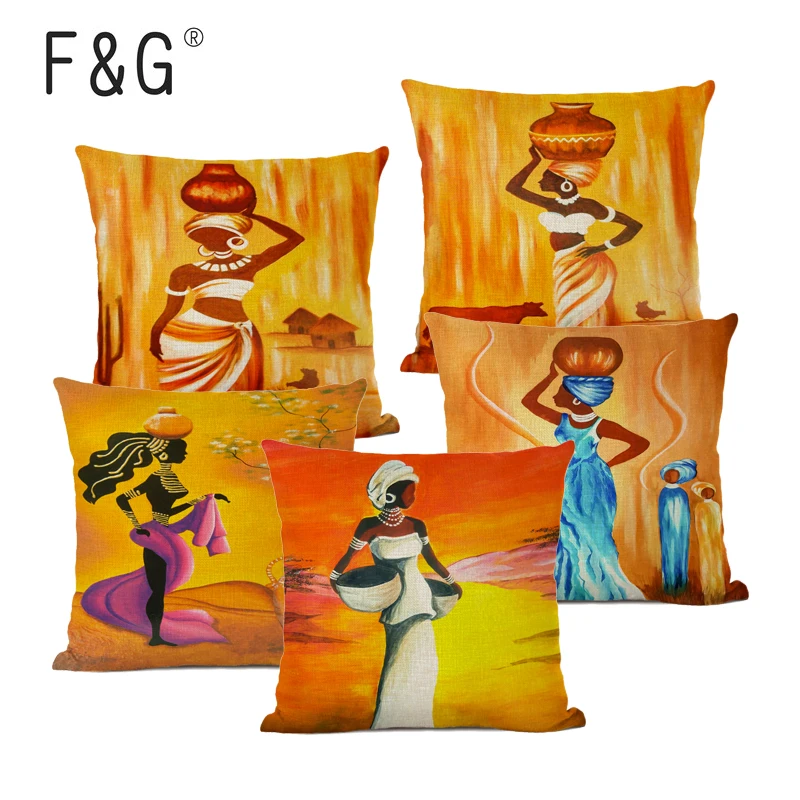 

African Woman Cushion Cover Beautiful Lady Dancer Oil Painting Linen Decorative Pillows Bedroom Sofa Home Decor Pillow Cover