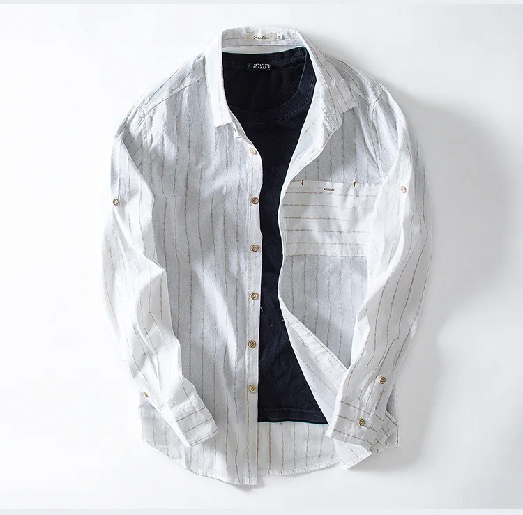 Бренд 4XL мужские рубашки льняные с длинным рукавом Весенняя мода полосатая тонкая Ретро Повседневная рубашка мужская Camisa Masculina AF1764