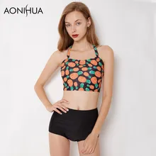 AONIHUA Dream of Midsummer | Fruit Pineapples print Bikini Set for Women High Waist neck Halter Swimwear Crop top Swimsuits 1915 pineapple print crop halter top