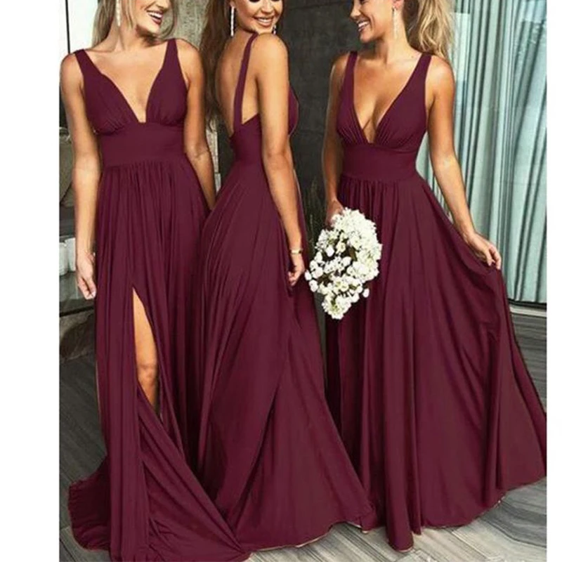 

New Arrival Burgundy Bridesmaid Dresses Spaghetti Straps V-neck Long Prom Party Dress Sexy Front Split Vestido De Dama De Honra