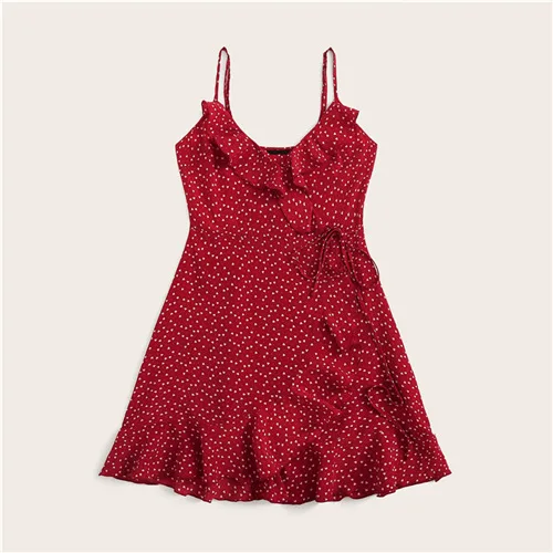 Dotfashion, красное платье-комбинация с рюшами, с завязками, для женщин, лето, без рукавов, бохо, платья для девушек, сердце, платье в горошек - Цвет: Red