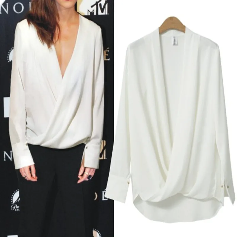 

L-4XL Large size New Sexy Top Women Chiffon Blouse 2018 Summer Autumn V Neck Long Sleeve Shirt Casual Plus Size Blusa Feminina
