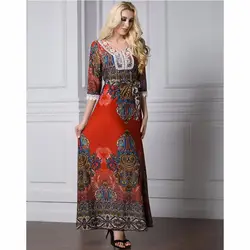 Исламская Абаи мусульманское платье женское платье с длинным рукавом Абаи Костюмы халат кафтан Богемия Стиль шелк Кружево красный