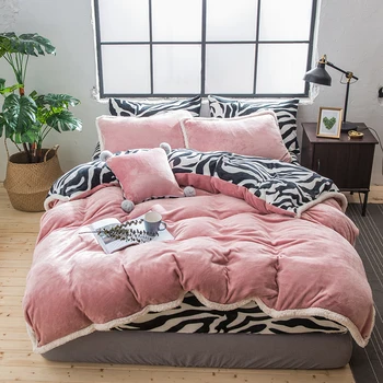 

Pink Gray Purple Green Fleece Fabric Bedding Set Velvet Flannel Duvet Cover Black White Zebra Pattern Bed sheet/Linen Pillowcase