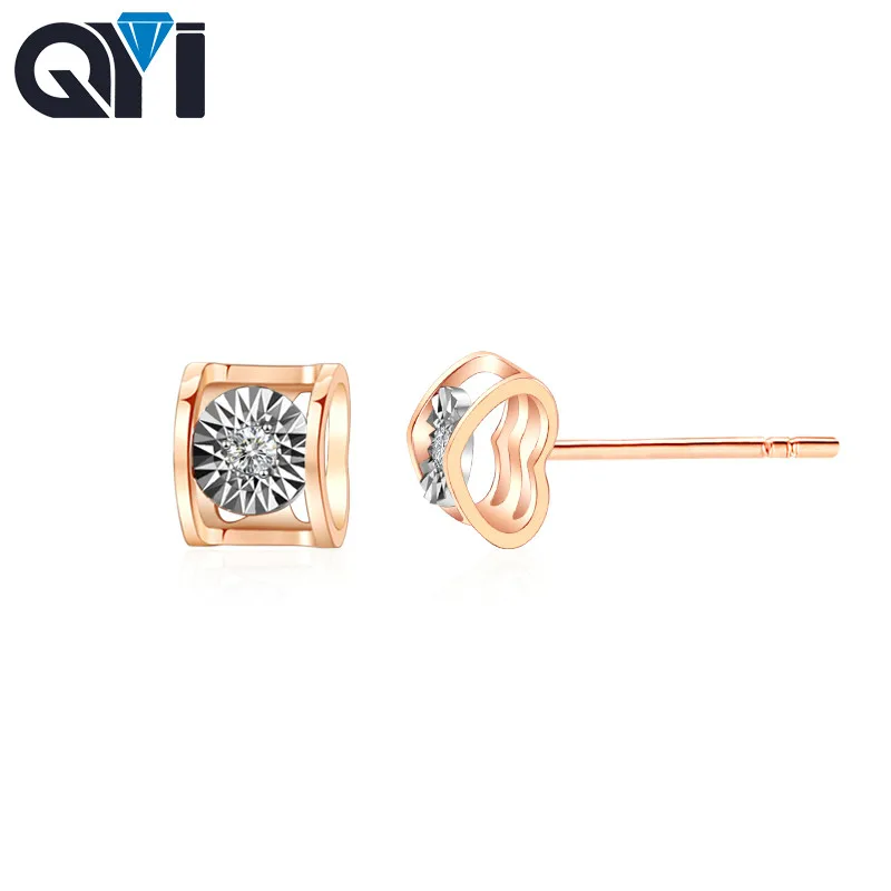 

QYI Trendy 18k Rose Gold Round Cut Solid 0.02Carat Solitaire Diamond Wedding Stud Earrings Statement Promise Jewelry