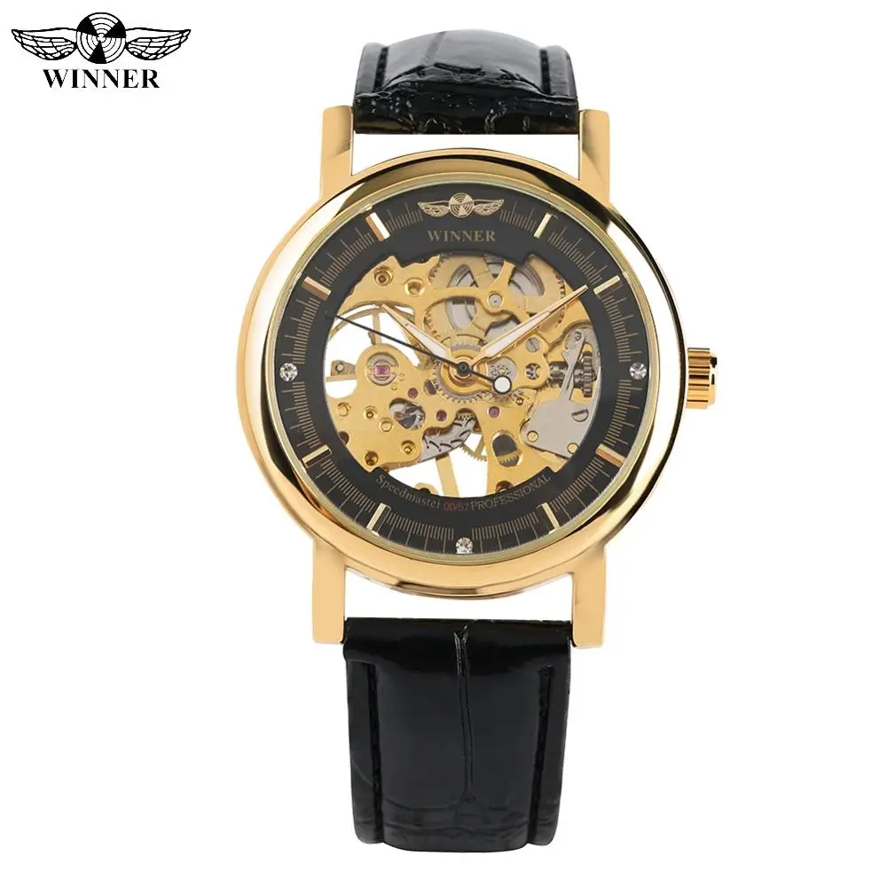 WINNER Fashion Mechanical Watch for Men Golden Skeleton Hand-winding Mechanical Watch for Women Black Leather Band Watches Gift