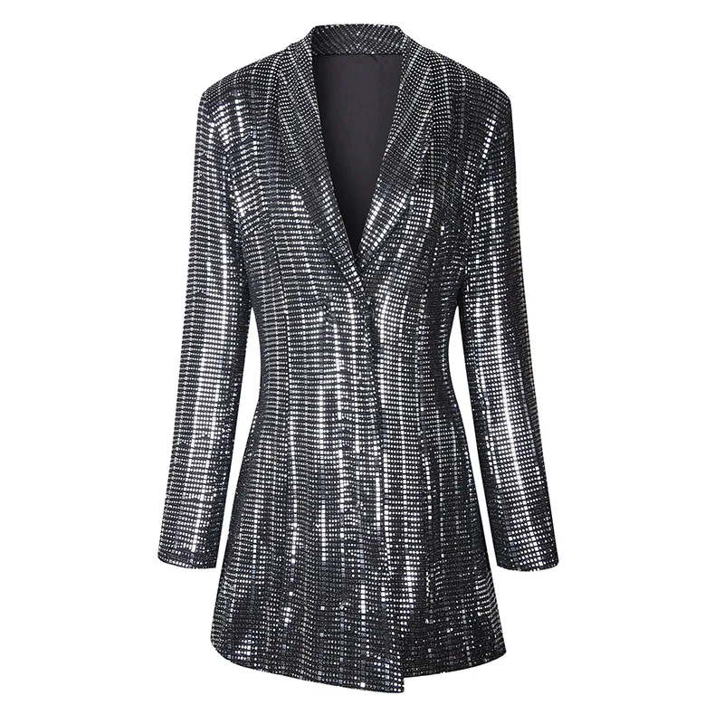 women shiny long blazer for party night