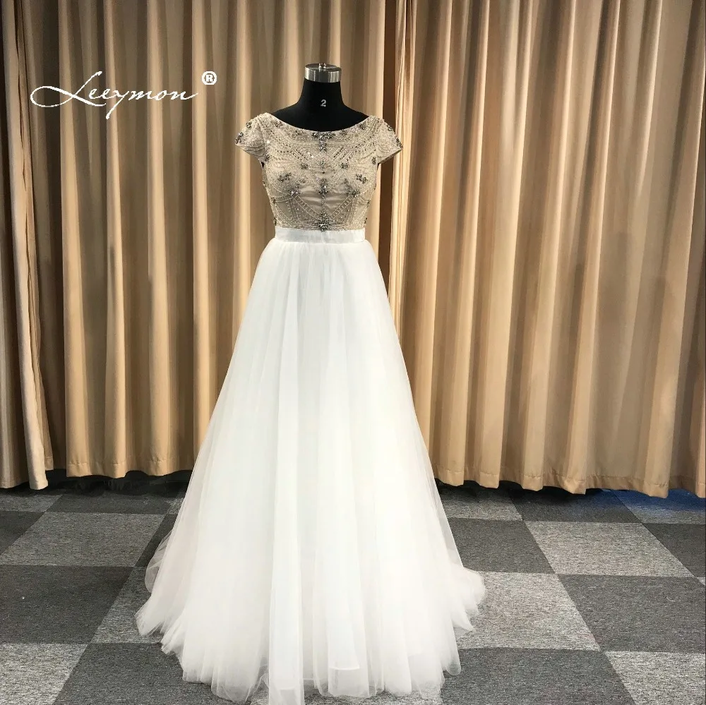 

Leeymon 2019 Long Prom Dresses Luxury Beaded Top Short Sleeveless Crystals Tulle Formal Evening Dress Party Gown Customize