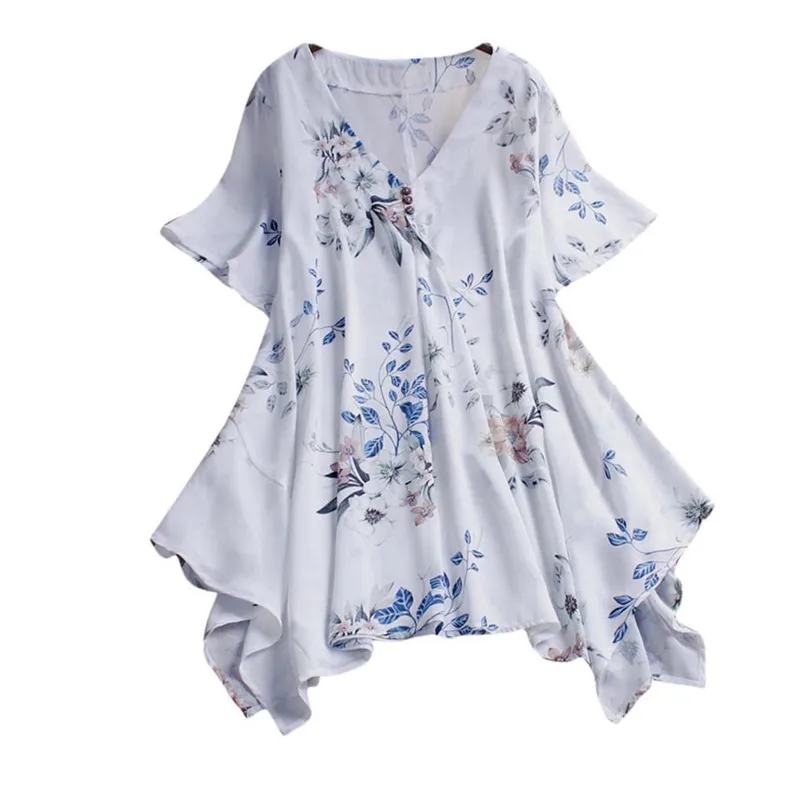 Women Summer Boho Print Casual Beach Vintage Fashion Button Blouse Chiffon Short Sleeves S-XXL Soft Thin Summer Top 40MY02 (10)